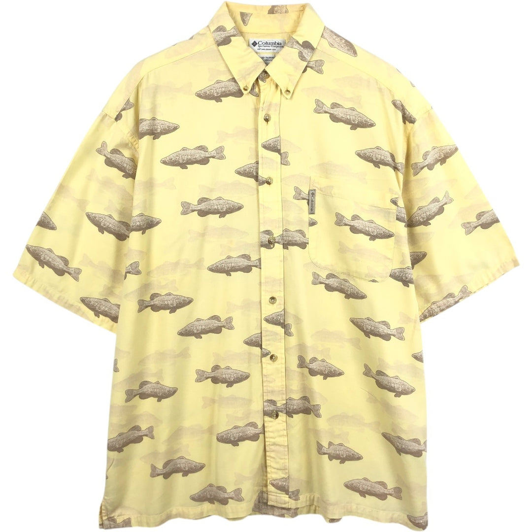 2000'S Columbia all-over fish print button-down Hawaiian Aloha shirt, boxy style, men's size XL equivalent. Viscose lemon yellow Vintage Second Hand