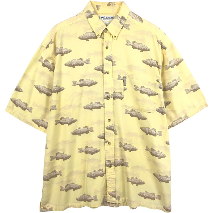 2000'S Columbia all-over fish print button-down Hawaiian Aloha shirt, boxy style, men's size XL equivalent. Viscose lemon yellow Vintage Second Hand