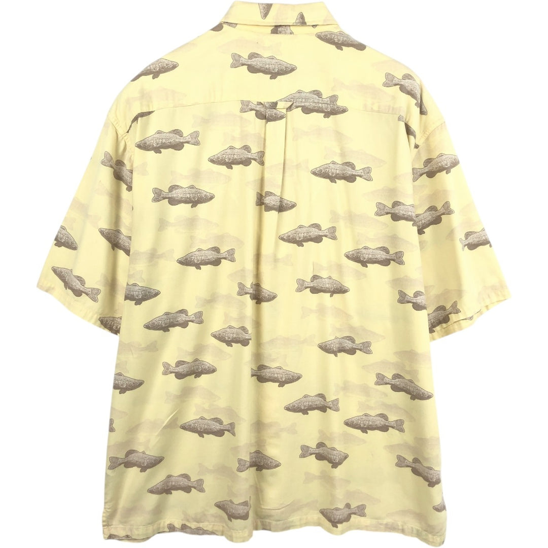 2000'S Columbia all-over fish print button-down Hawaiian Aloha shirt, boxy style, men's size XL equivalent. Viscose lemon yellow Vintage Second Hand