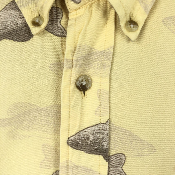 2000'S Columbia all-over fish print button-down Hawaiian Aloha shirt, boxy style, men's size XL equivalent. Viscose lemon yellow Vintage Second Hand