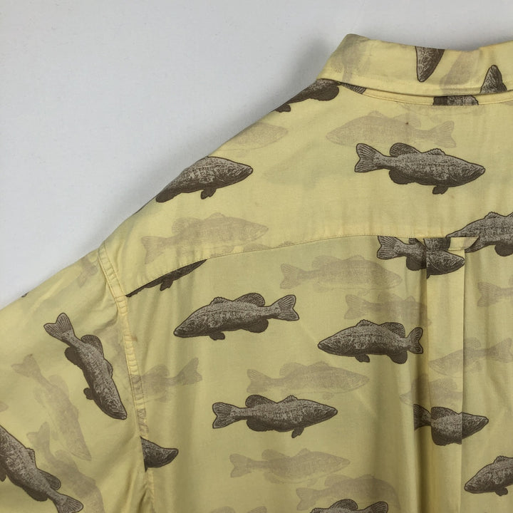 2000'S Columbia all-over fish print button-down Hawaiian Aloha shirt, boxy style, men's size XL equivalent. Viscose lemon yellow Vintage Second Hand