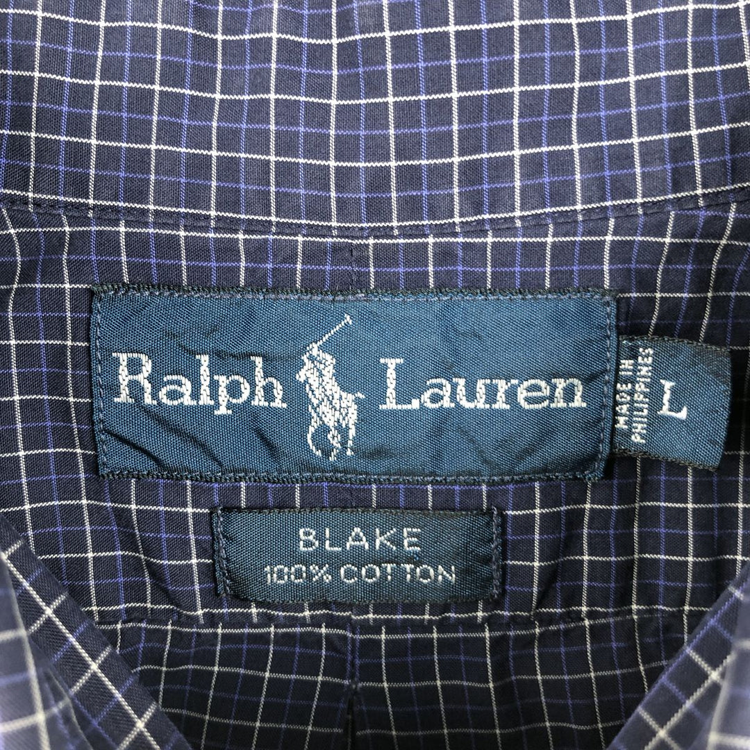 Ralph Lauren BLAKE short sleeve button down check shirt, men's size L cotton navy blue type Vintage Second Hand