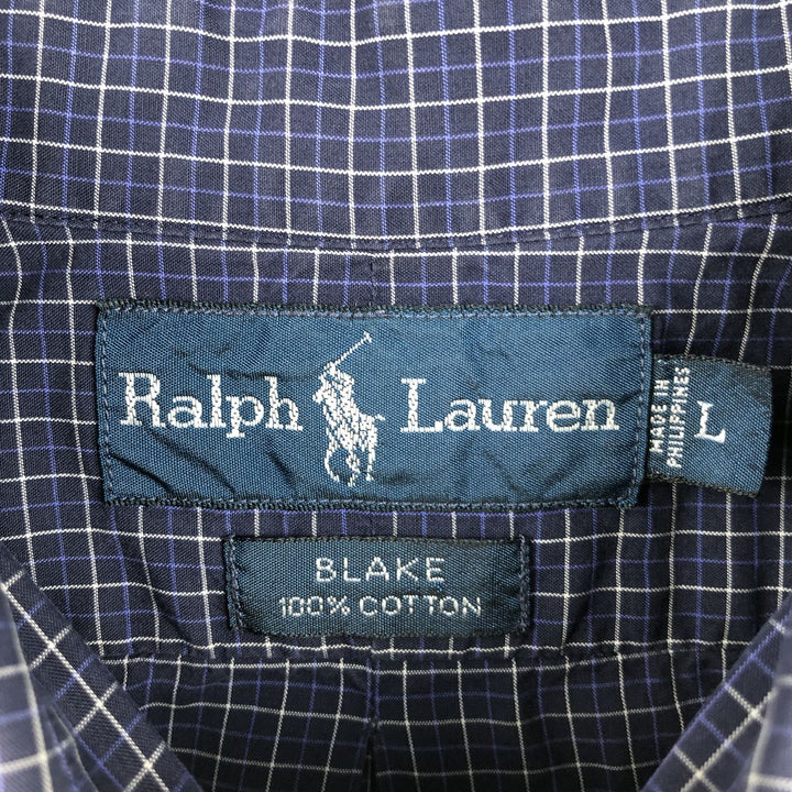 Ralph Lauren BLAKE short sleeve button down check shirt, men's size L cotton navy blue type Vintage Second Hand