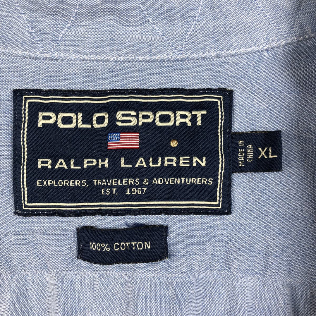 90s-era Ralph Lauren Polo Sport Short-Sleeve Open-Collar Cotton Shirt, Boxy Shirt, Men's Size XL (approx.), Vintage cotton Blue type light blue Vintage Second Hand