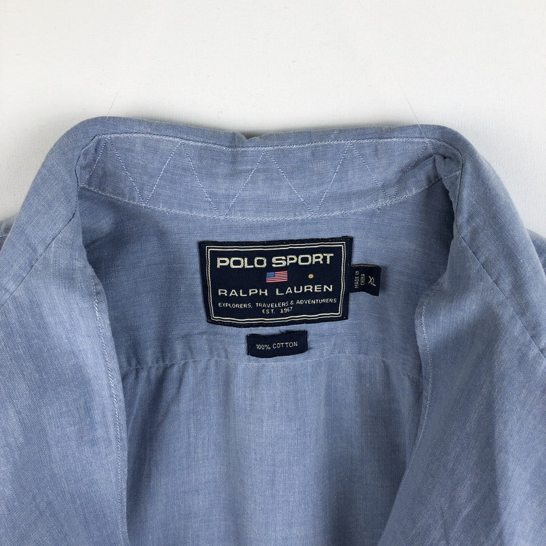 90s-era Ralph Lauren Polo Sport Short-Sleeve Open-Collar Cotton Shirt, Boxy Shirt, Men's Size XL (approx.), Vintage cotton Blue type light blue Vintage Second Hand