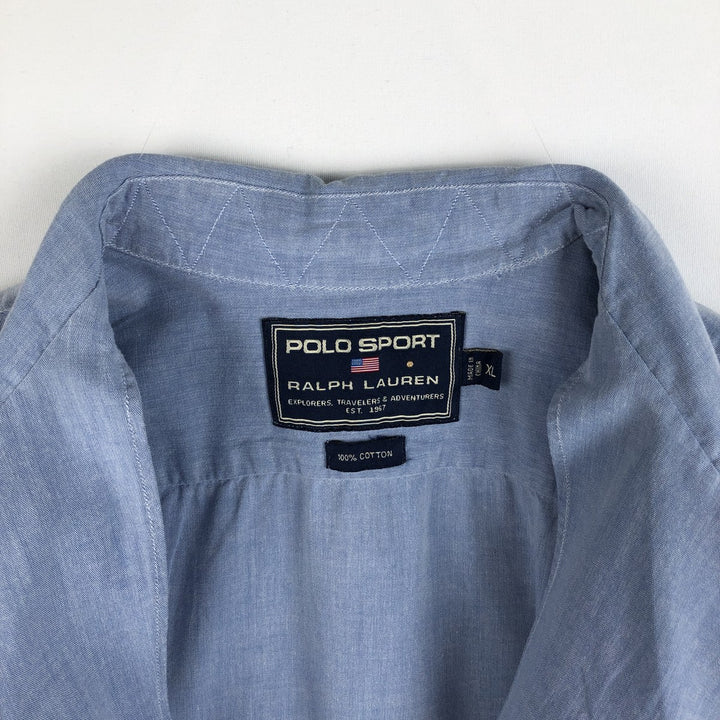 90s-era Ralph Lauren Polo Sport Short-Sleeve Open-Collar Cotton Shirt, Boxy Shirt, Men's Size XL (approx.), Vintage cotton Blue type light blue Vintage Second Hand