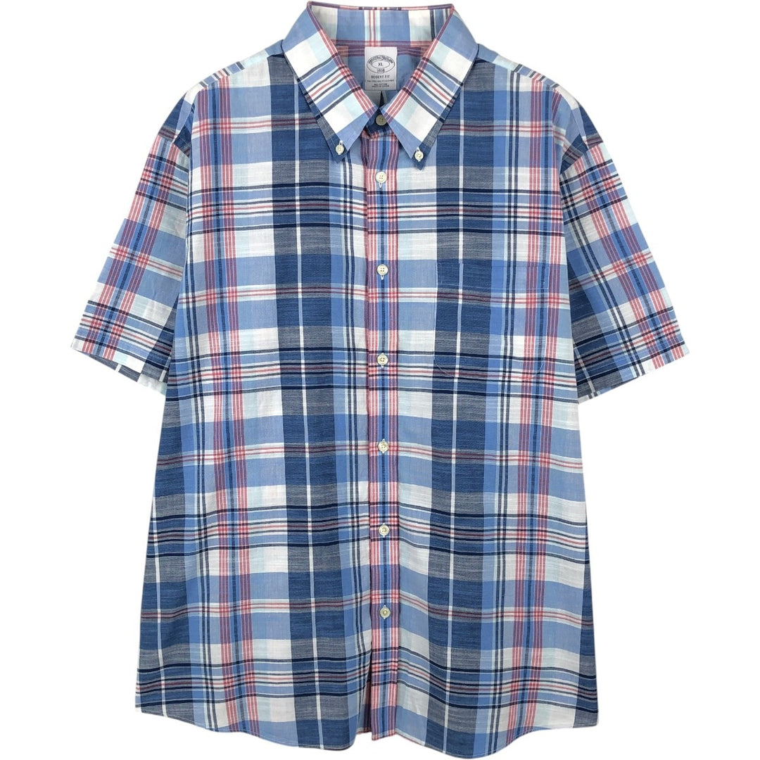 Brooks Brothers 1818 REGENT FIT Short-Sleeve Button-Down Check Shirt, Men's Size XL (approx.) cotton blue type Vintage Second Hand