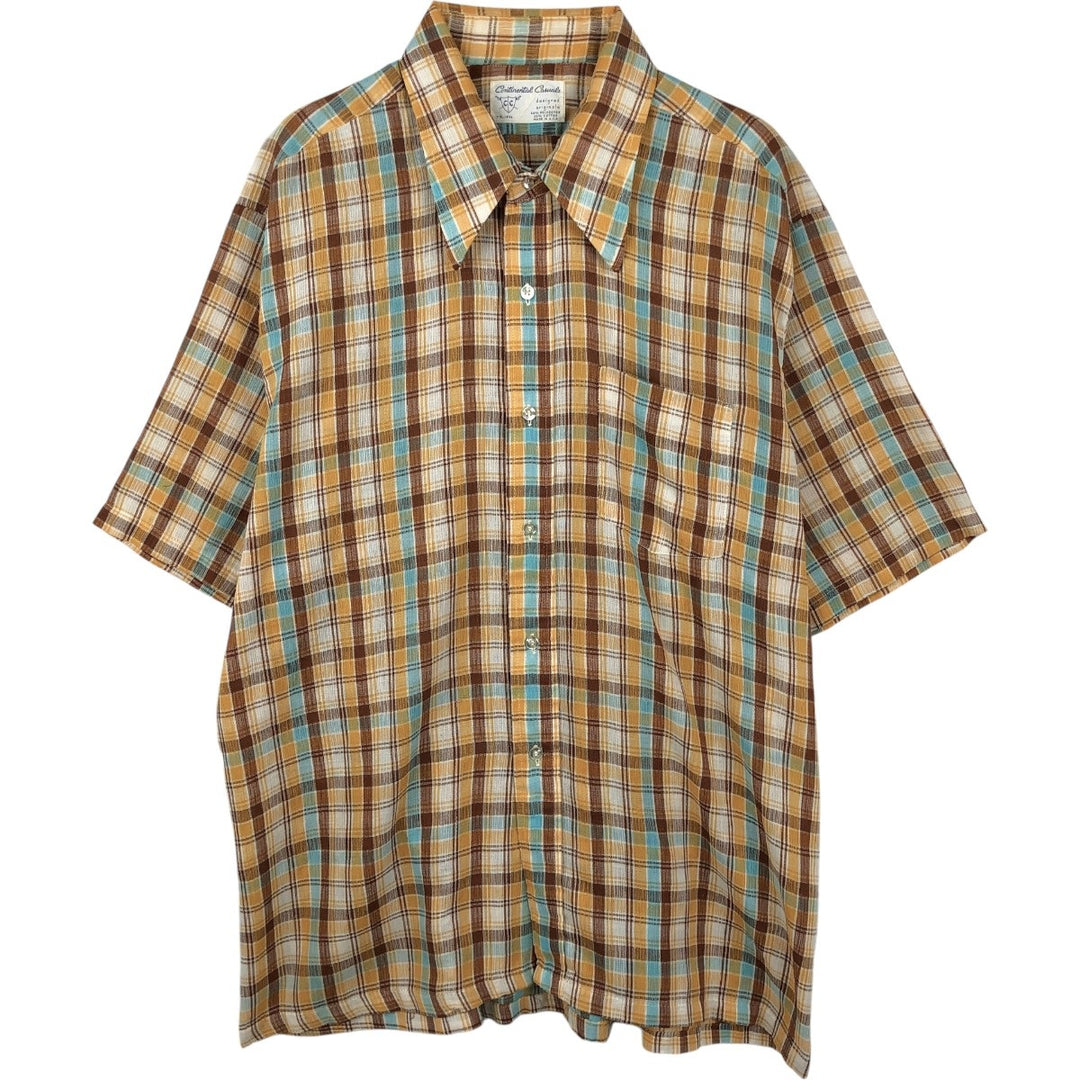 Continental Casuals Check Pattern Short-Sleeve Poly-Cotton Shirt, Made in USA, Men's Size XL (Equivalent), Vintage polyester orange type Vintage Second Hand