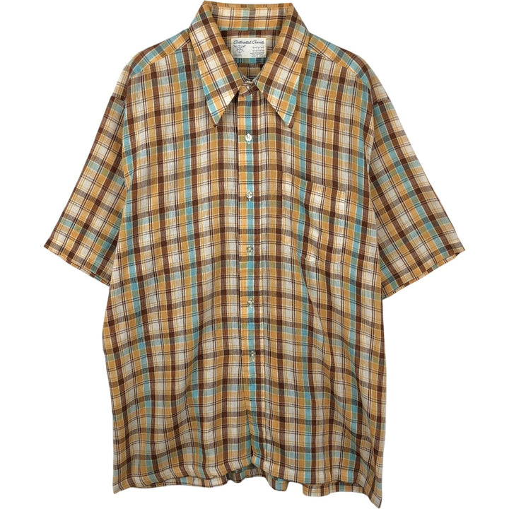 Continental Casuals Check Pattern Short-Sleeve Poly-Cotton Shirt, Made in USA, Men's Size XL (Equivalent), Vintage polyester orange type Vintage Second Hand