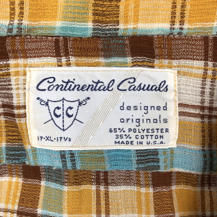 Continental Casuals Check Pattern Short-Sleeve Poly-Cotton Shirt, Made in USA, Men's Size XL (Equivalent), Vintage polyester orange type Vintage Second Hand