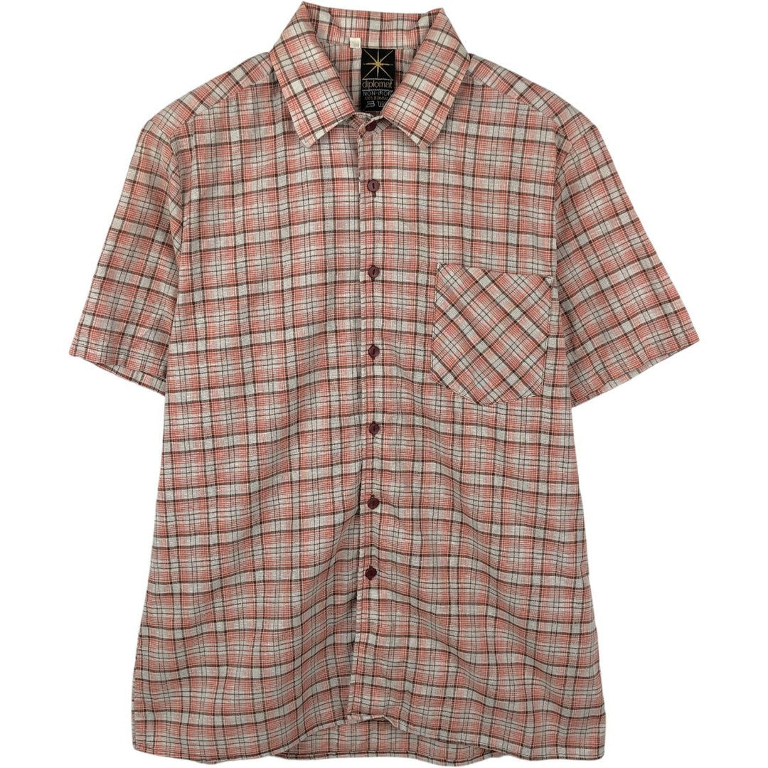 diplomat check pattern short-sleeved open-collar cotton shirt, boxy shirt, men's size M equivalent, vintage. cotton orange type Vintage Second Hand