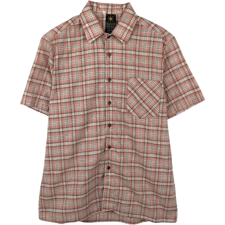 diplomat check pattern short-sleeved open-collar cotton shirt, boxy shirt, men's size M equivalent, vintage. cotton orange type Vintage Second Hand