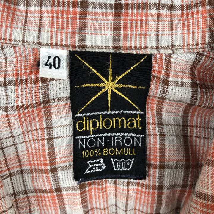 diplomat check pattern short-sleeved open-collar cotton shirt, boxy shirt, men's size M equivalent, vintage. cotton orange type Vintage Second Hand