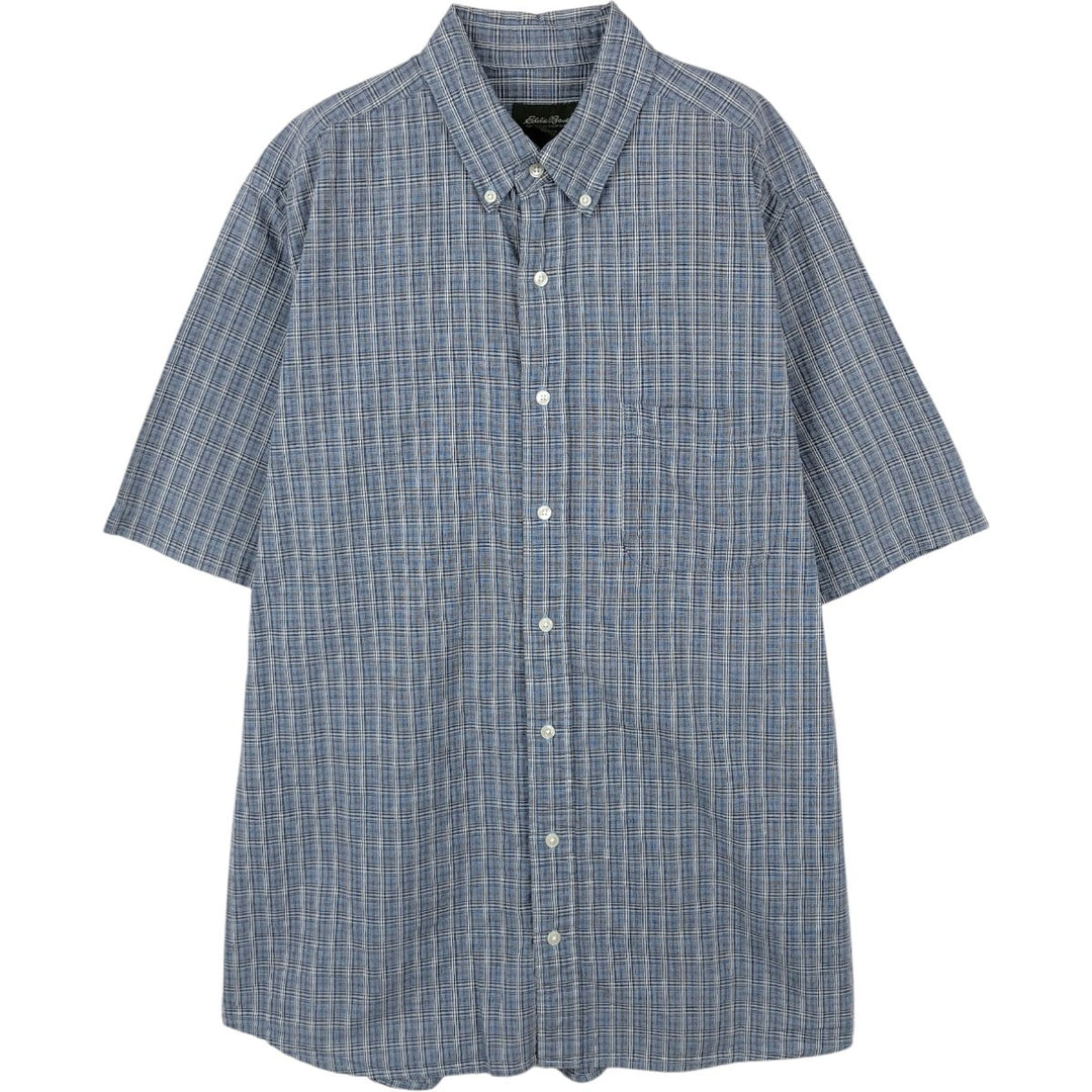 00'S Eddie Bauer short sleeve button down check shirt, men's size L cotton Blue type light blue Vintage Second Hand
