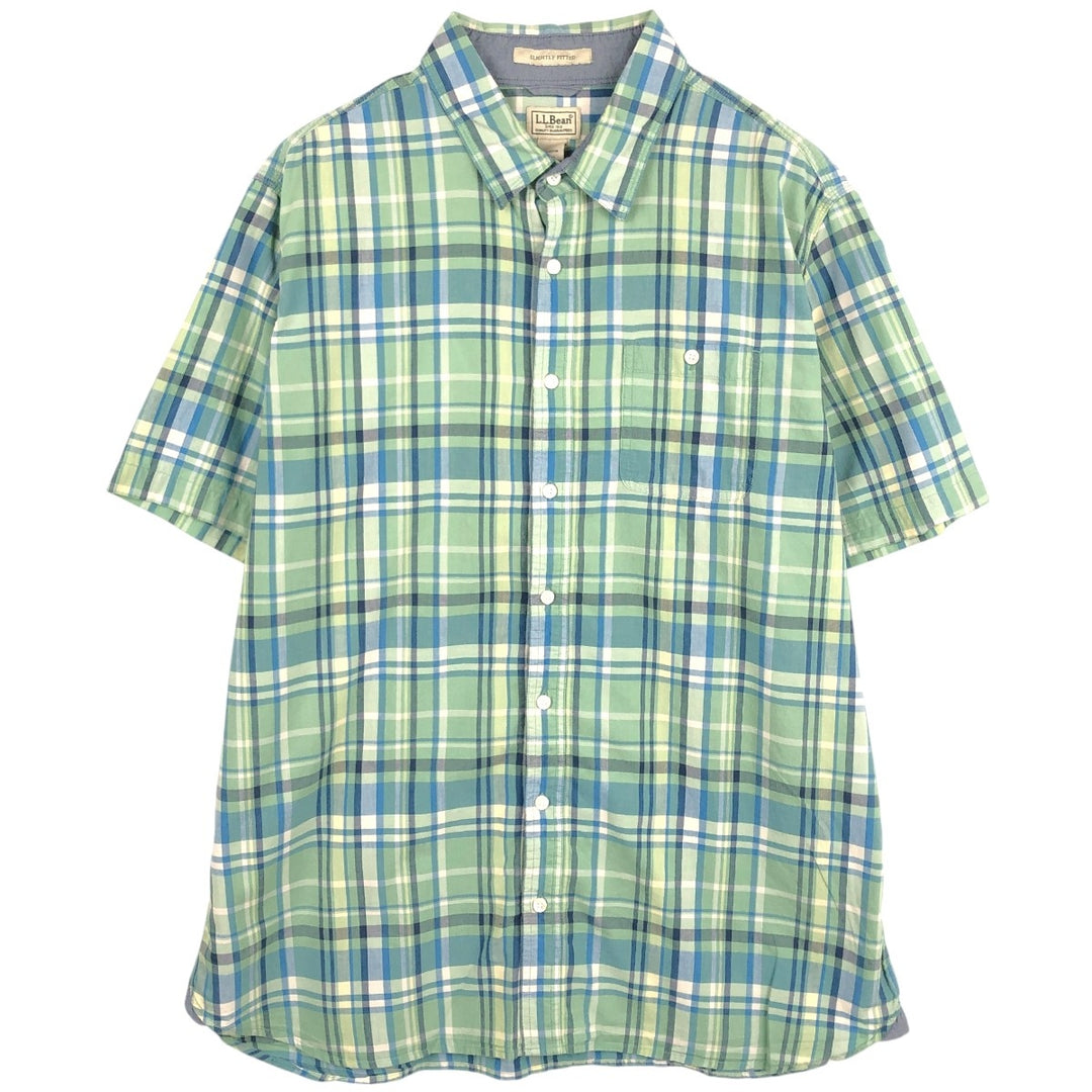 90s-00'S LLBean SLIGHTLY FITTED Short-Sleeve Cotton Check Shirt, Men's Size XL (approx.) cotton Khaki type sage green Vintage Second Hand