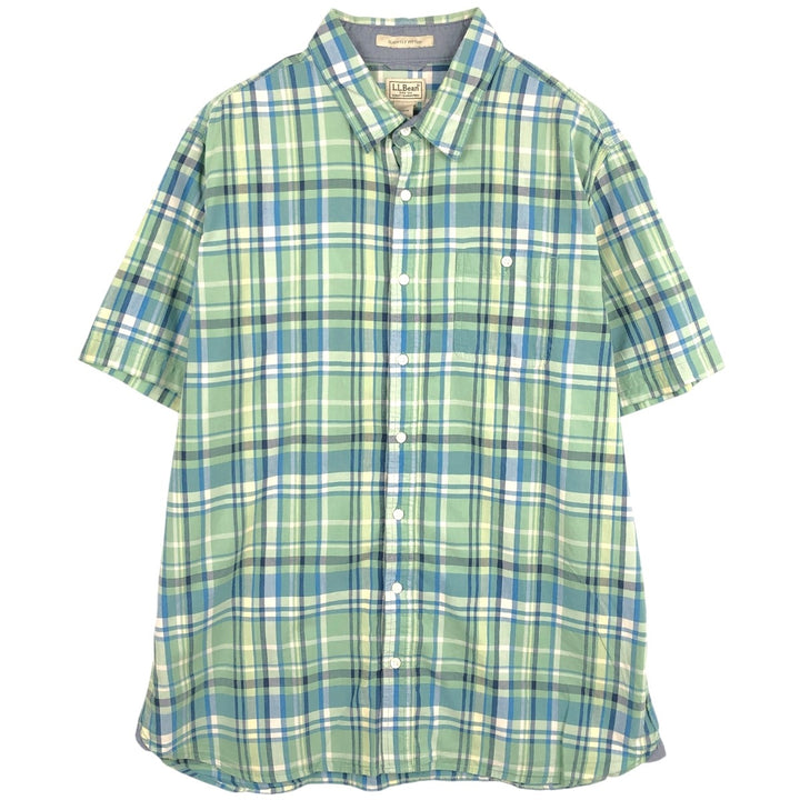 90s-00'S LLBean SLIGHTLY FITTED Short-Sleeve Cotton Check Shirt, Men's Size XL (approx.) cotton Khaki type sage green Vintage Second Hand