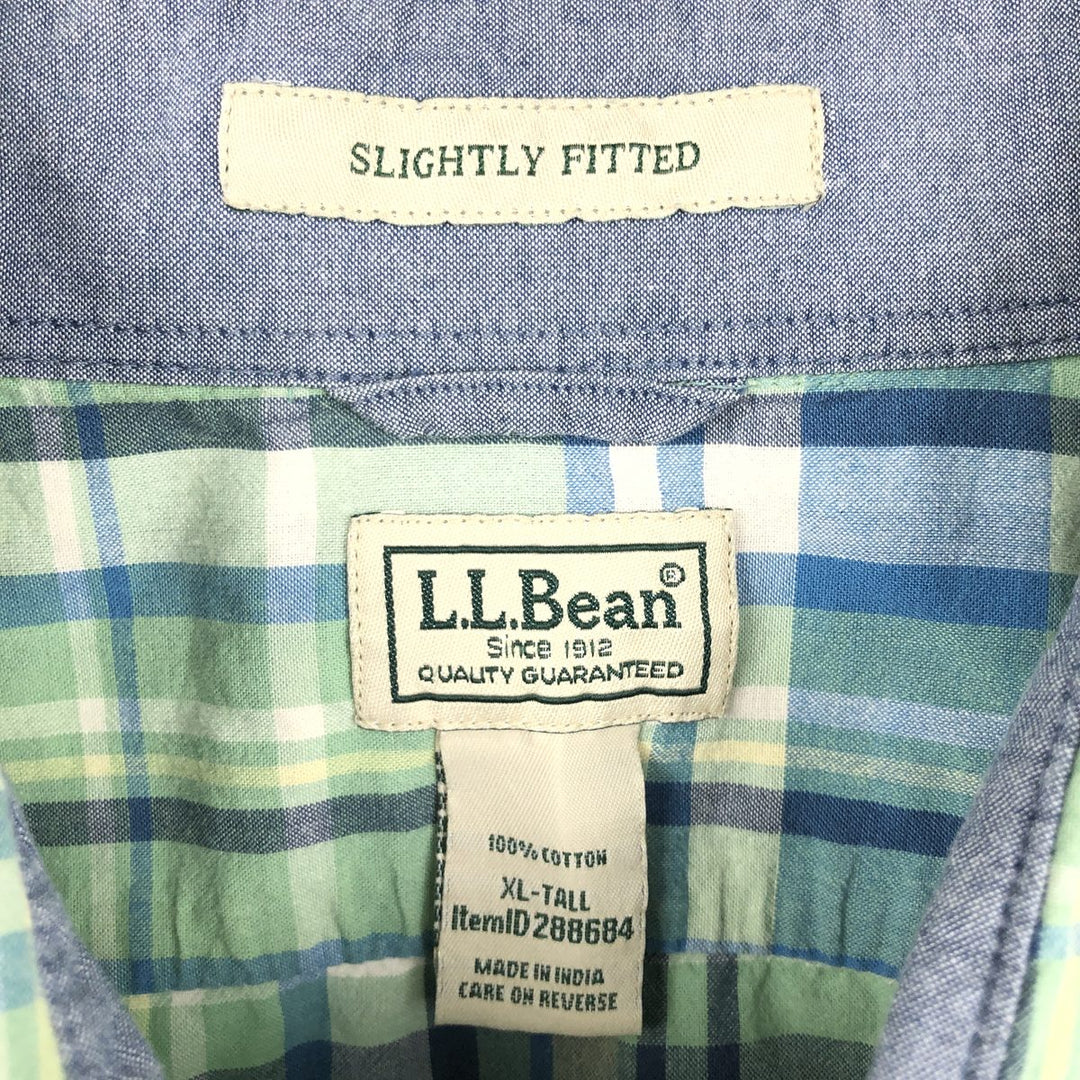 90s-00'S LLBean SLIGHTLY FITTED Short-Sleeve Cotton Check Shirt, Men's Size XL (approx.) cotton Khaki type sage green Vintage Second Hand