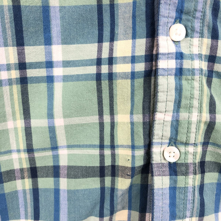 90s-00'S LLBean SLIGHTLY FITTED Short-Sleeve Cotton Check Shirt, Men's Size XL (approx.) cotton Khaki type sage green Vintage Second Hand
