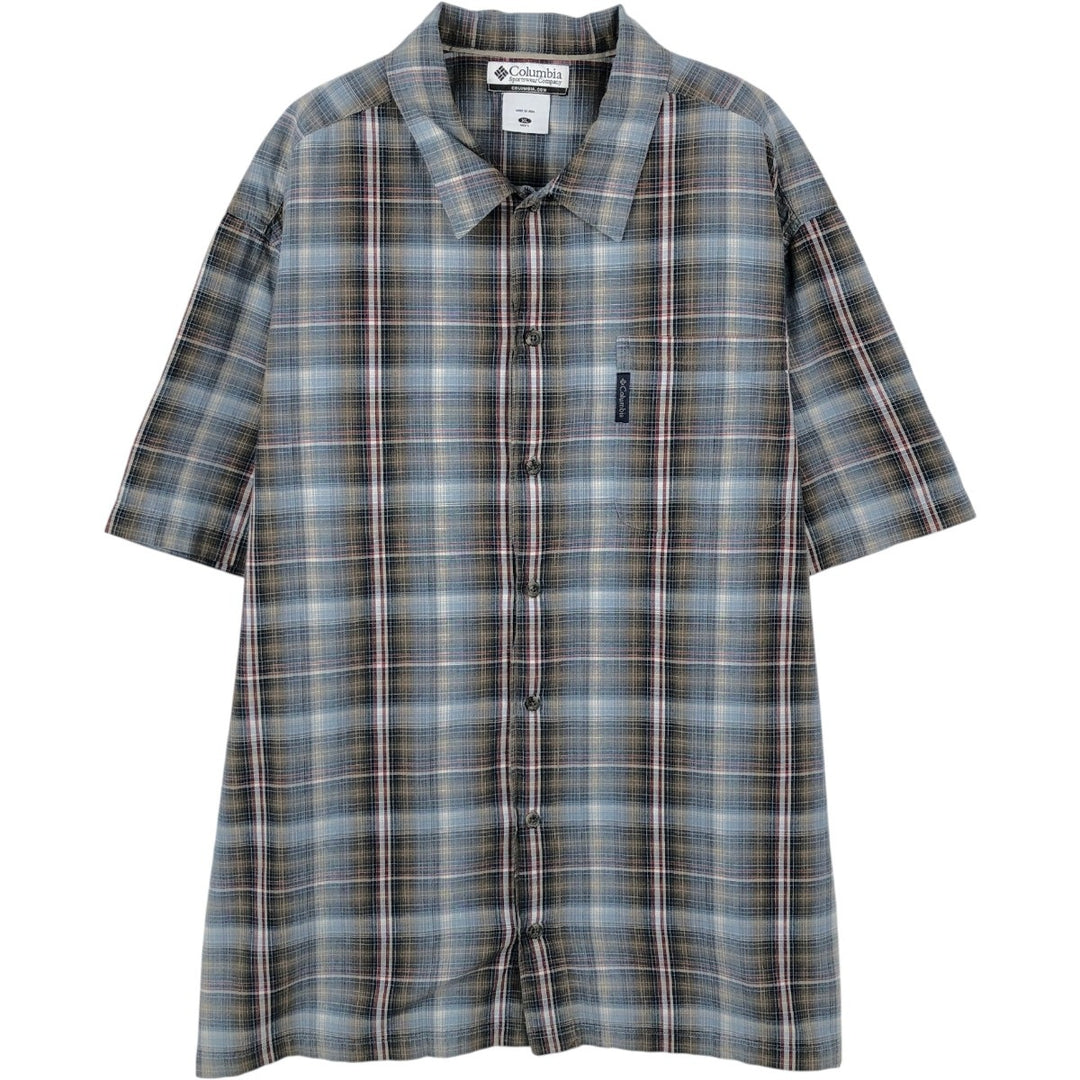2000'S Columbia Check Pattern Short-Sleeve Open Collar Cotton Shirt, Boxy Fit, Men's Size XL (approx.) cotton Khaki type Vintage Second Hand