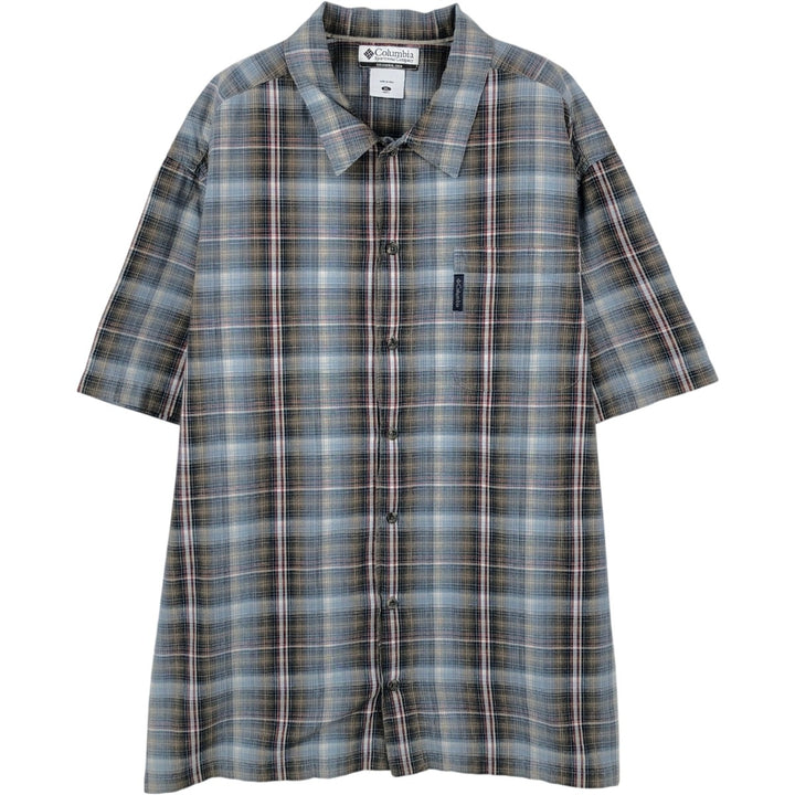 2000'S Columbia Check Pattern Short-Sleeve Open Collar Cotton Shirt, Boxy Fit, Men's Size XL (approx.) cotton Khaki type Vintage Second Hand