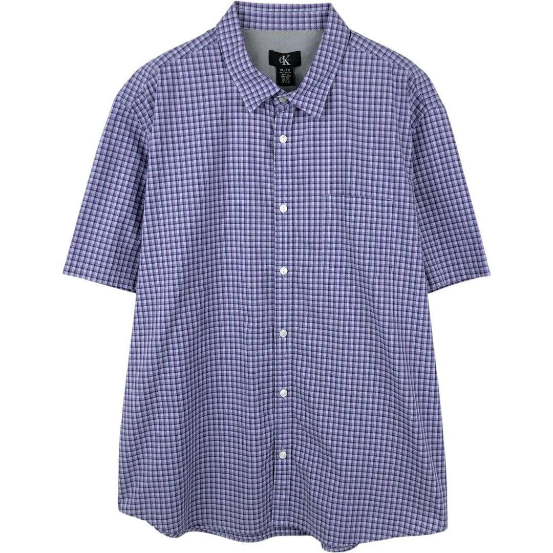 90s-00'S Calvin Klein Short-Sleeve Cotton Check Shirt, Boxy Shirt, Men's Size XL (Equivalent), Vintage cotton Purple type blue-purple Vintage Second Hand
