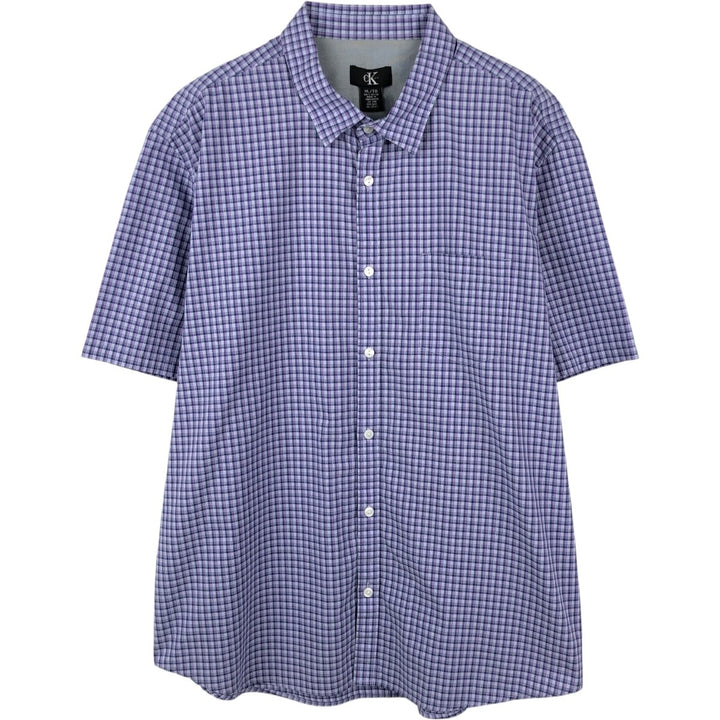 90s-00'S Calvin Klein Short-Sleeve Cotton Check Shirt, Boxy Shirt, Men's Size XL (Equivalent), Vintage cotton Purple type blue-purple Vintage Second Hand