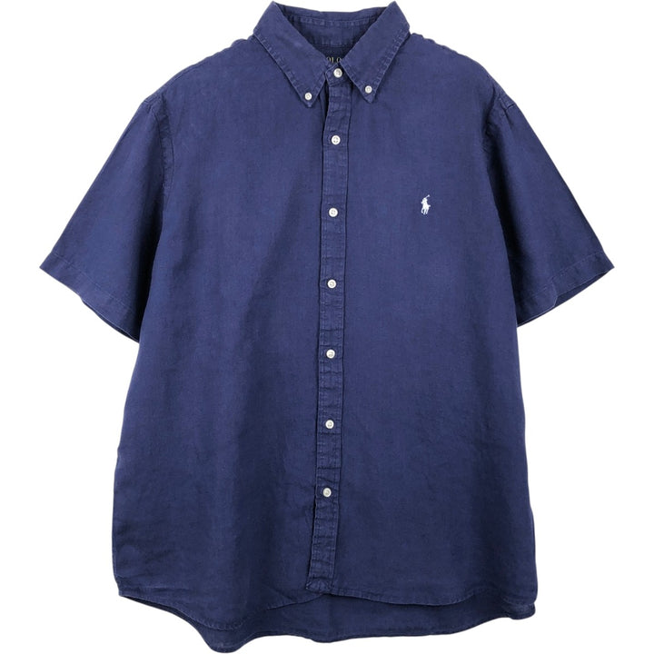 Ralph Lauren POLO RALPH LAUREN CLASSIC FIT RL UNTUCKED FIT Short-Sleeve Linen Button-Down Shirt, Men's Size XL (approx.) linen navy blue type Vintage Second Hand