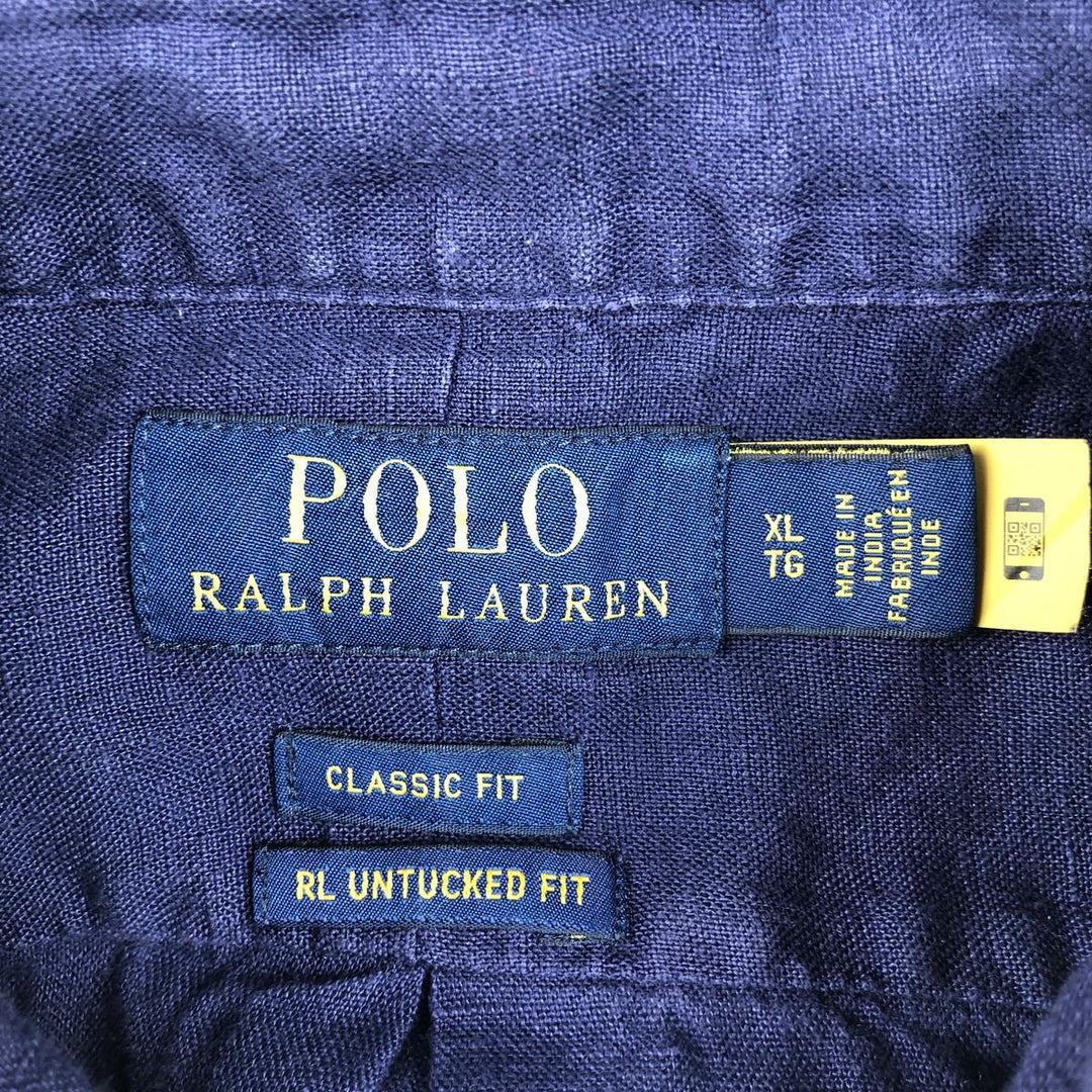Ralph Lauren POLO RALPH LAUREN CLASSIC FIT RL UNTUCKED FIT Short-Sleeve Linen Button-Down Shirt, Men's Size XL (approx.) linen navy blue type Vintage Second Hand
