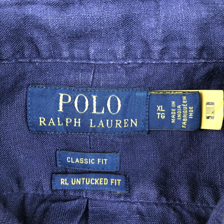 Ralph Lauren POLO RALPH LAUREN CLASSIC FIT RL UNTUCKED FIT Short-Sleeve Linen Button-Down Shirt, Men's Size XL (approx.) linen navy blue type Vintage Second Hand