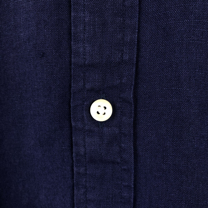 Ralph Lauren POLO RALPH LAUREN CLASSIC FIT RL UNTUCKED FIT Short-Sleeve Linen Button-Down Shirt, Men's Size XL (approx.) linen navy blue type Vintage Second Hand