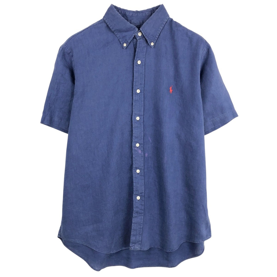 Ralph Lauren short sleeve linen button down shirt, men's size L linen Navy blue Vintage Second Hand