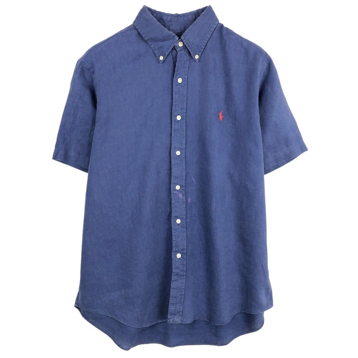Ralph Lauren short sleeve linen button down shirt, men's size L linen Navy blue Vintage Second Hand