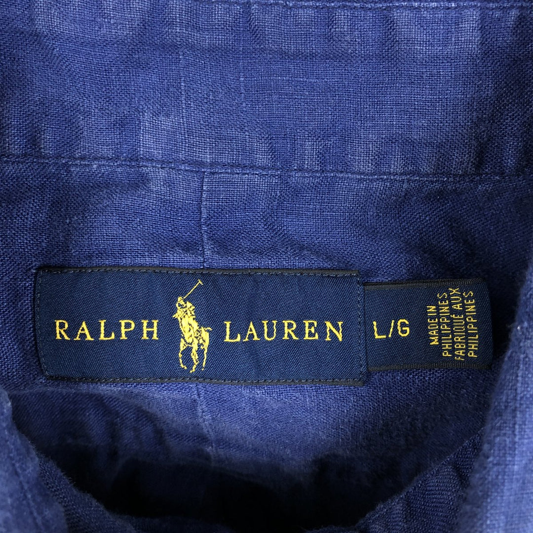Ralph Lauren short sleeve linen button down shirt, men's size L linen Navy blue Vintage Second Hand