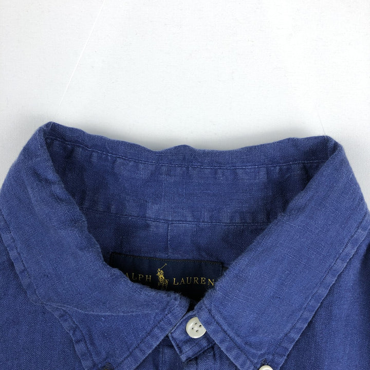 Ralph Lauren short sleeve linen button down shirt, men's size L linen Navy blue Vintage Second Hand