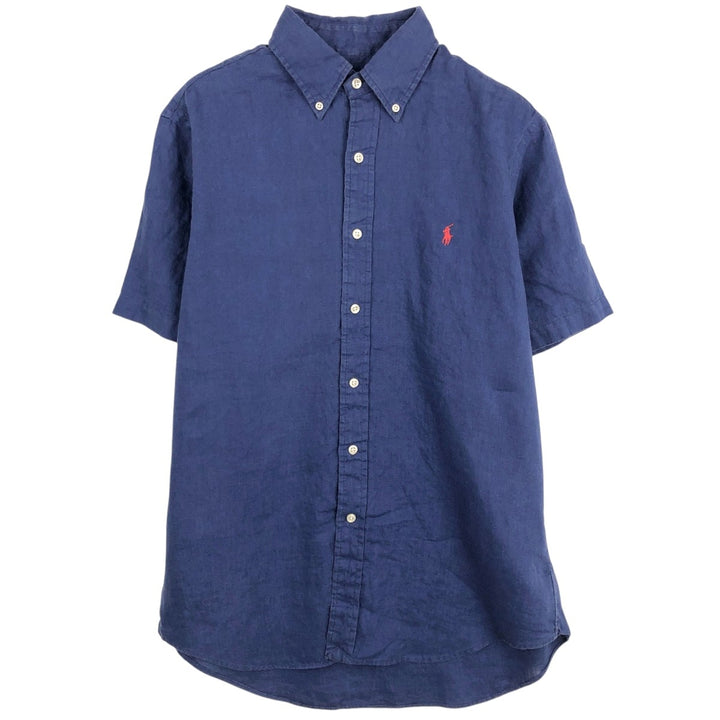Ralph Lauren short sleeve linen button down shirt, men's size M linen Navy blue Vintage Second Hand