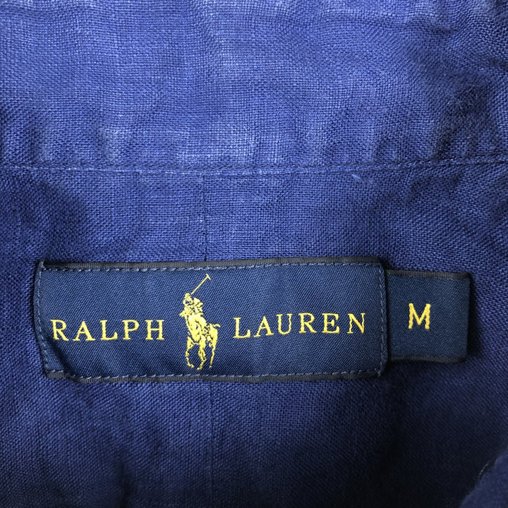 Ralph Lauren short sleeve linen button down shirt, men's size M linen Navy blue Vintage Second Hand