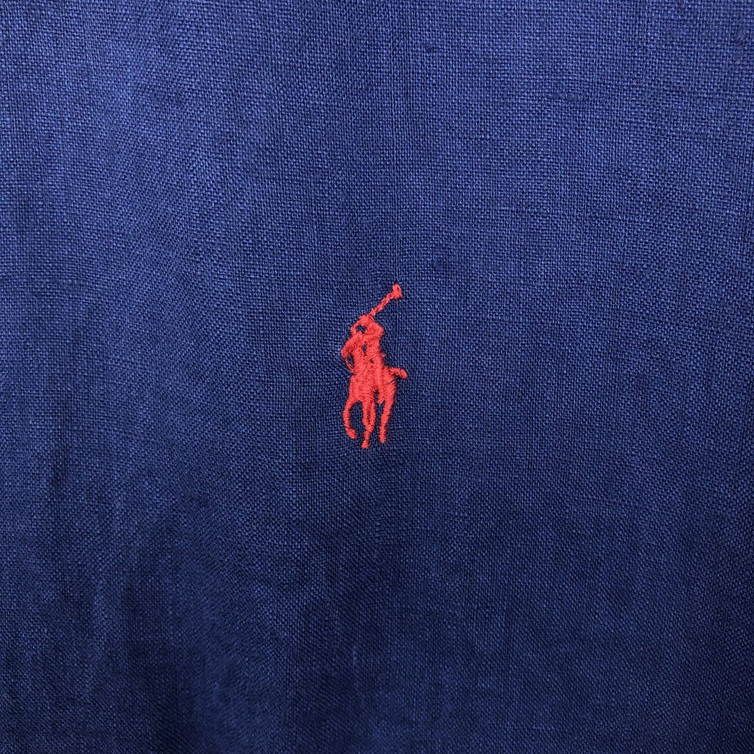 Ralph Lauren short sleeve linen button down shirt, men's size M linen Navy blue Vintage Second Hand