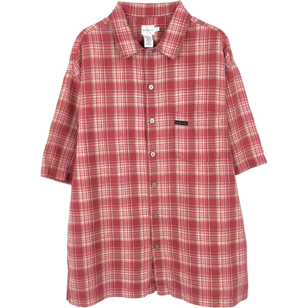 90s-00'S Calvin Klein Jeans Check Pattern Short-Sleeve Linen Shirt, Boxy Shirt, Men's Size L (approx.), Vintage linen red type Vintage Second Hand