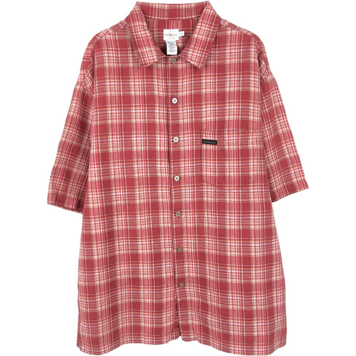 90s-00'S Calvin Klein Jeans Check Pattern Short-Sleeve Linen Shirt, Boxy Shirt, Men's Size L (approx.), Vintage linen red type Vintage Second Hand