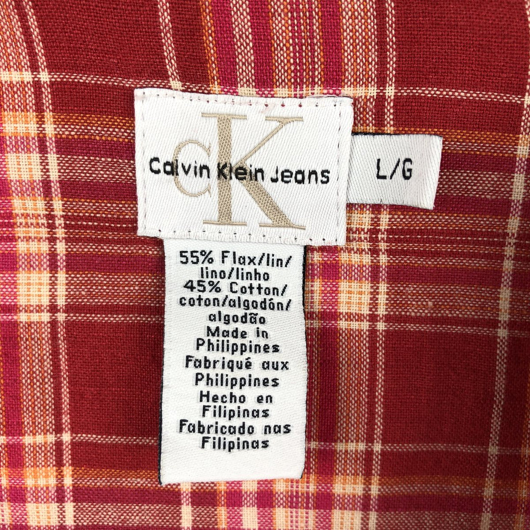 90s-00'S Calvin Klein Jeans Check Pattern Short-Sleeve Linen Shirt, Boxy Shirt, Men's Size L (approx.), Vintage linen red type Vintage Second Hand