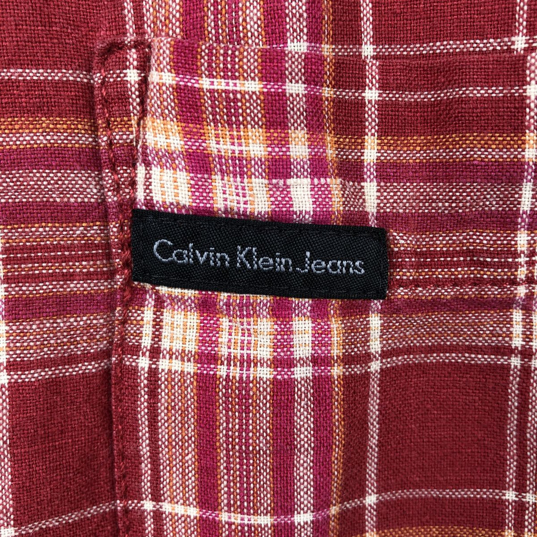 90s-00'S Calvin Klein Jeans Check Pattern Short-Sleeve Linen Shirt, Boxy Shirt, Men's Size L (approx.), Vintage linen red type Vintage Second Hand