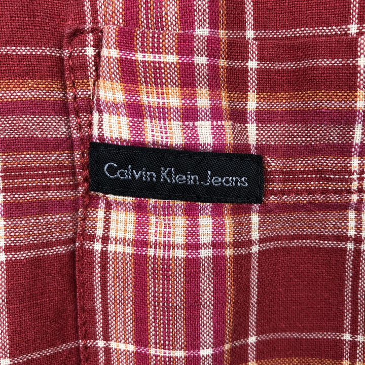 90s-00'S Calvin Klein Jeans Check Pattern Short-Sleeve Linen Shirt, Boxy Shirt, Men's Size L (approx.), Vintage linen red type Vintage Second Hand