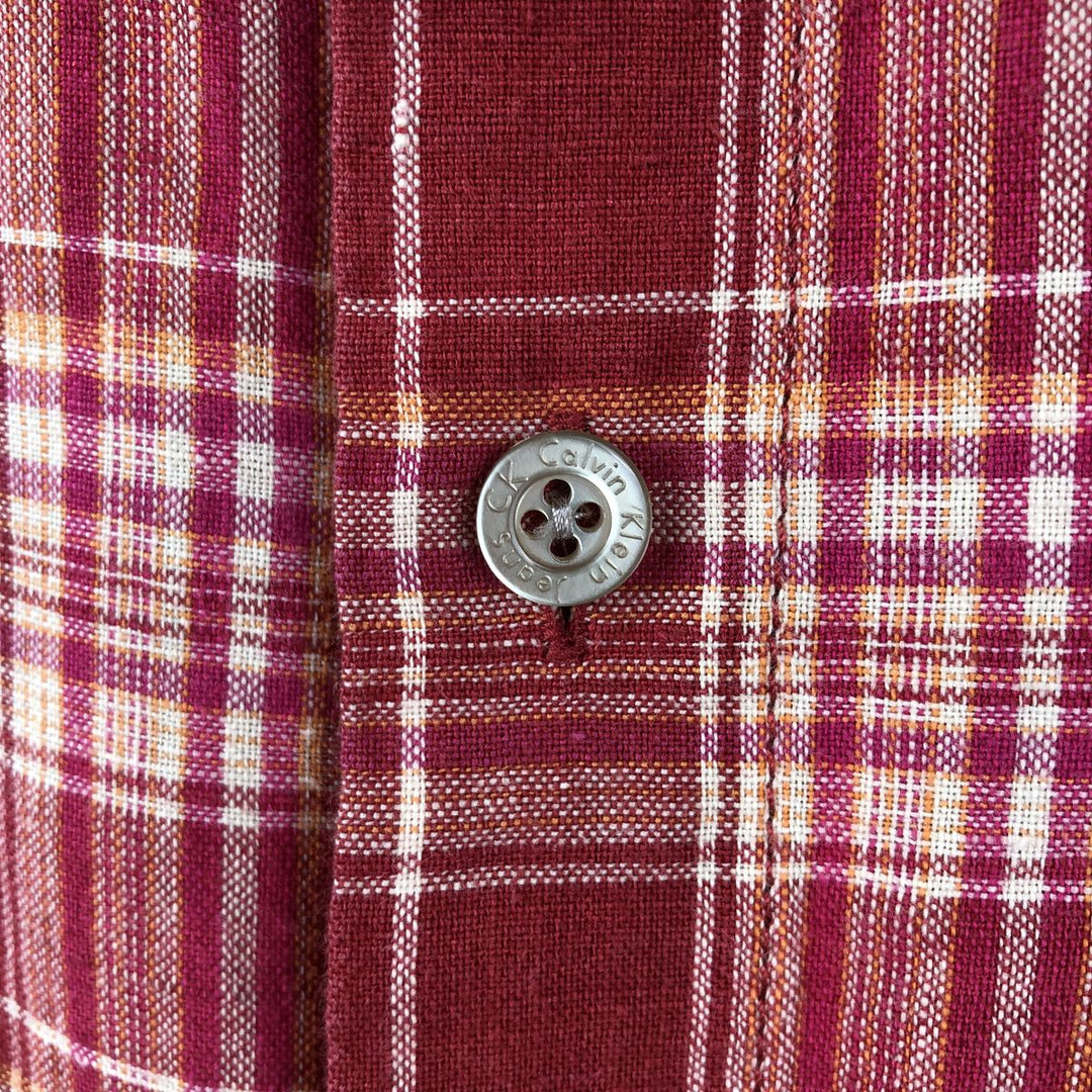 90s-00'S Calvin Klein Jeans Check Pattern Short-Sleeve Linen Shirt, Boxy Shirt, Men's Size L (approx.), Vintage linen red type Vintage Second Hand