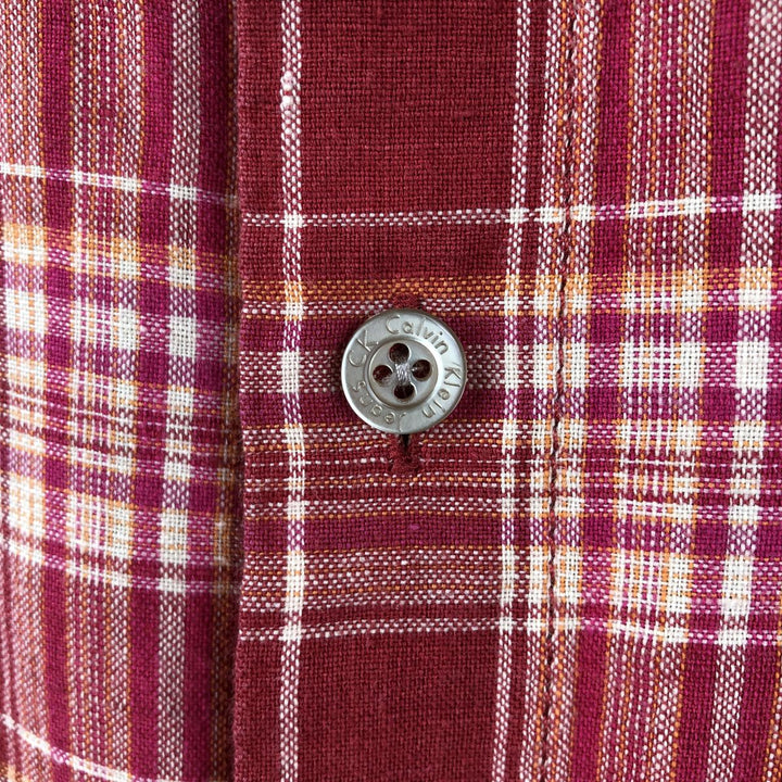 90s-00'S Calvin Klein Jeans Check Pattern Short-Sleeve Linen Shirt, Boxy Shirt, Men's Size L (approx.), Vintage linen red type Vintage Second Hand