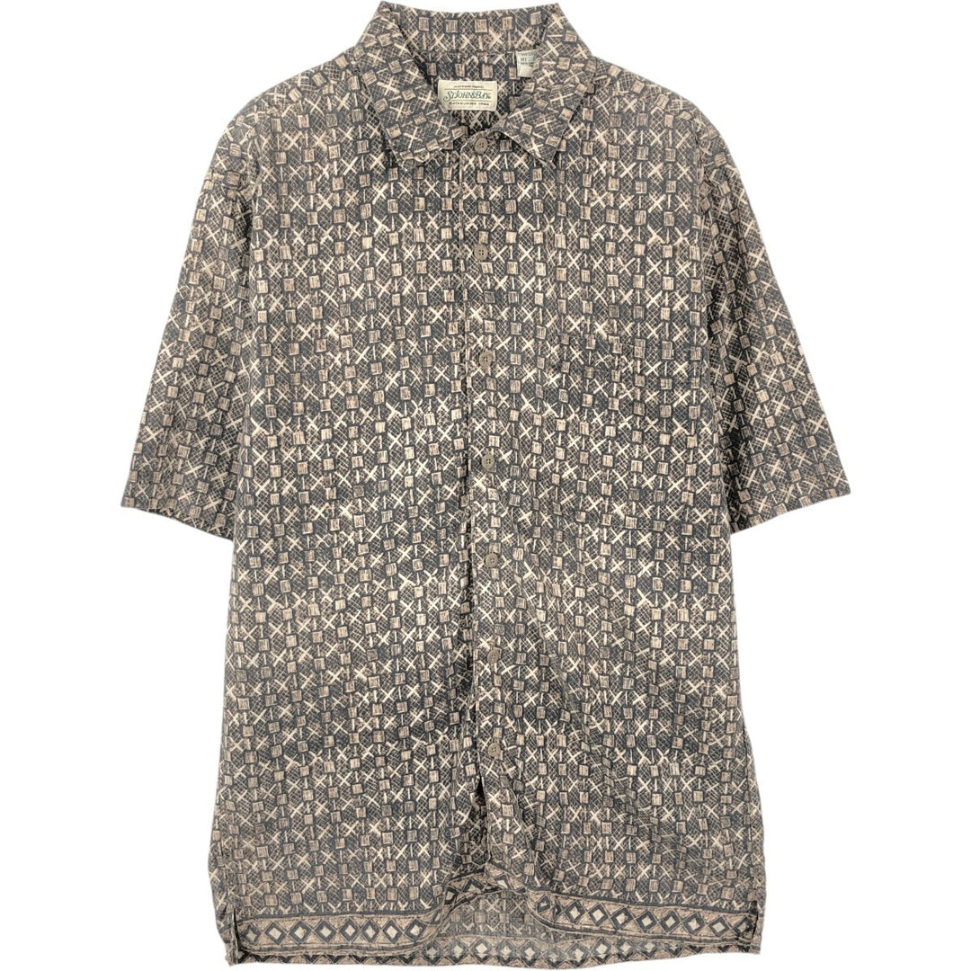 1990'S St. John's Bay all-over print short-sleeved linen x cotton box shirt, men's size M equivalent, vintage. linen beige type brown Vintage Second Hand