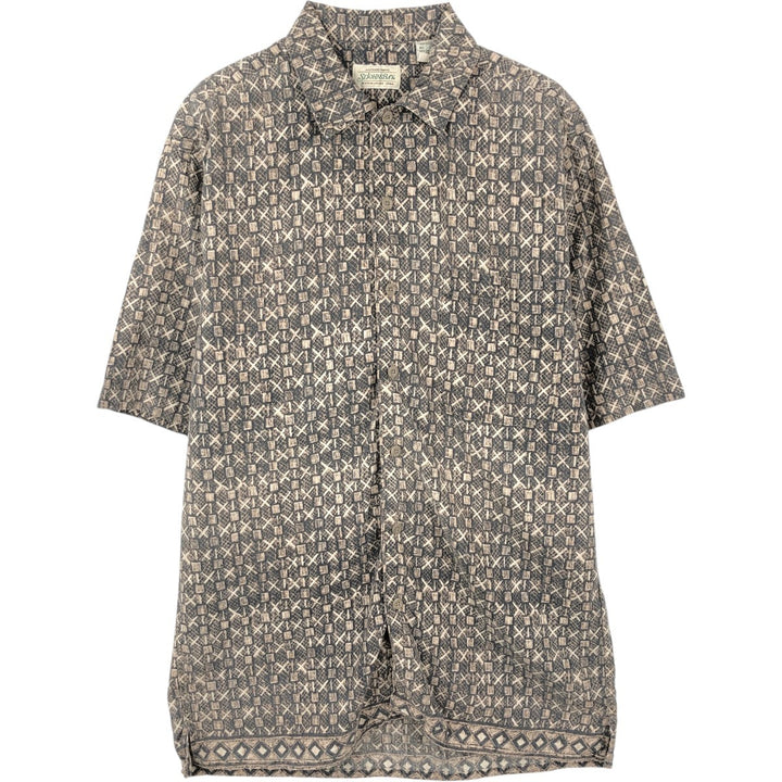 1990'S St. John's Bay all-over print short-sleeved linen x cotton box shirt, men's size M equivalent, vintage. linen beige type brown Vintage Second Hand