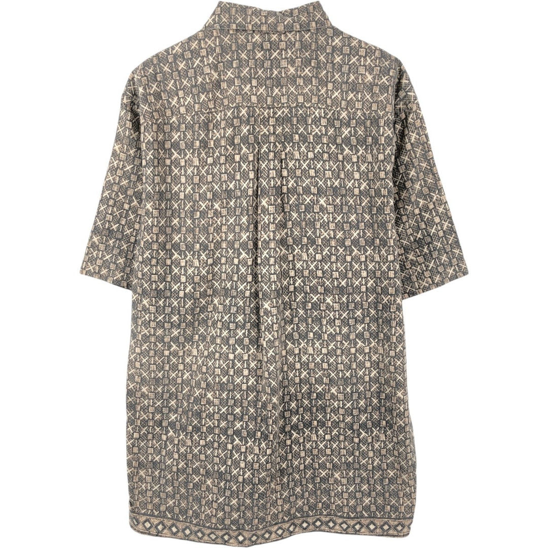 1990'S St. John's Bay all-over print short-sleeved linen x cotton box shirt, men's size M equivalent, vintage. linen beige type brown Vintage Second Hand