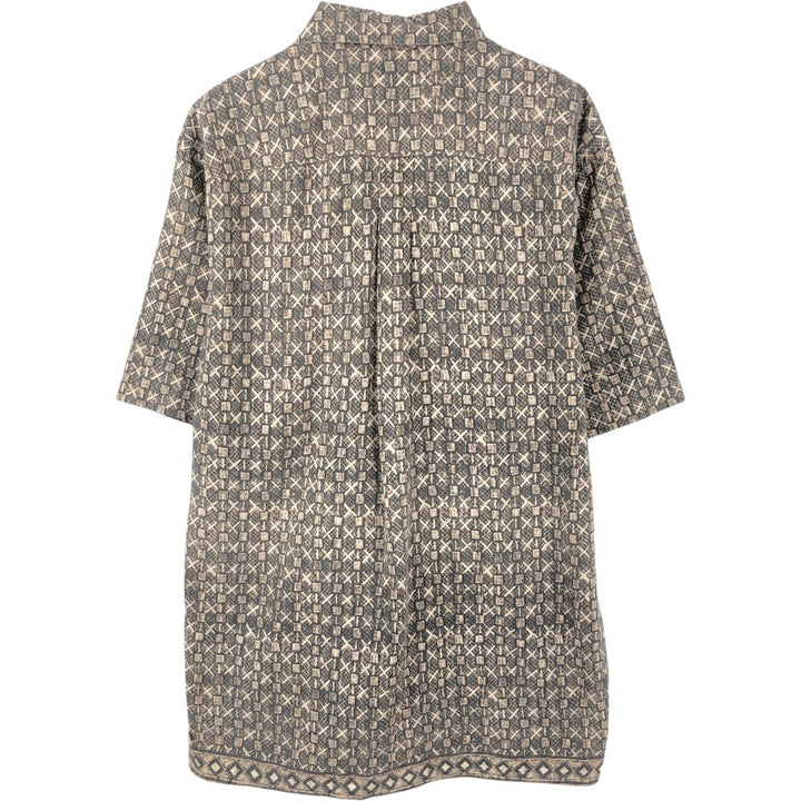 1990'S St. John's Bay all-over print short-sleeved linen x cotton box shirt, men's size M equivalent, vintage. linen beige type brown Vintage Second Hand