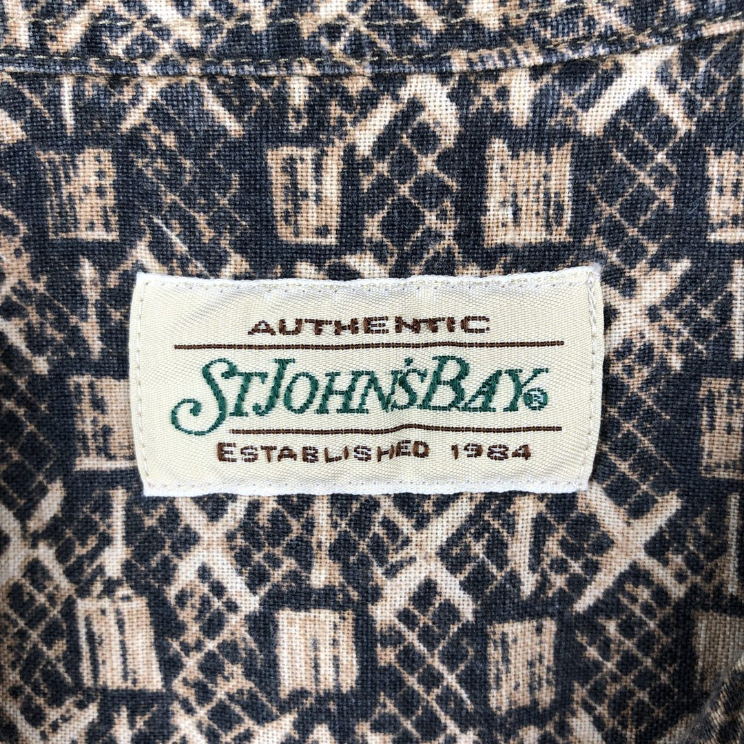 1990'S St. John's Bay all-over print short-sleeved linen x cotton box shirt, men's size M equivalent, vintage. linen beige type brown Vintage Second Hand