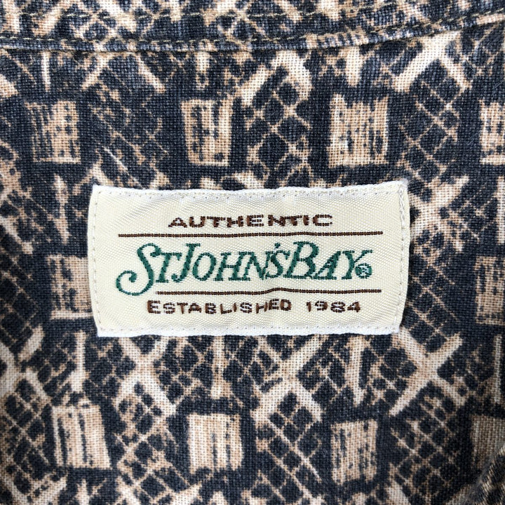 1990'S St. John's Bay all-over print short-sleeved linen x cotton box shirt, men's size M equivalent, vintage. linen beige type brown Vintage Second Hand